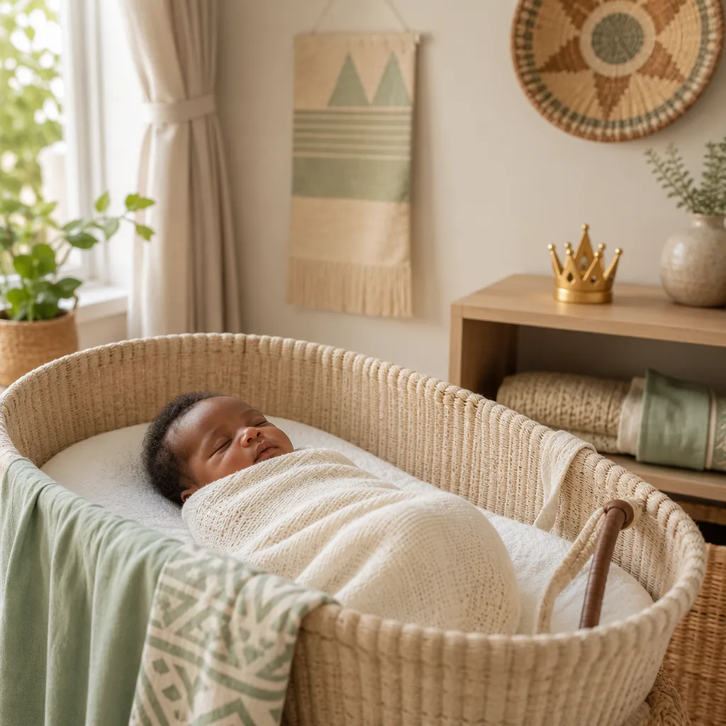 A peaceful Yoruba-inspired nursery with a sleeping newborn and soft crown symbolism.