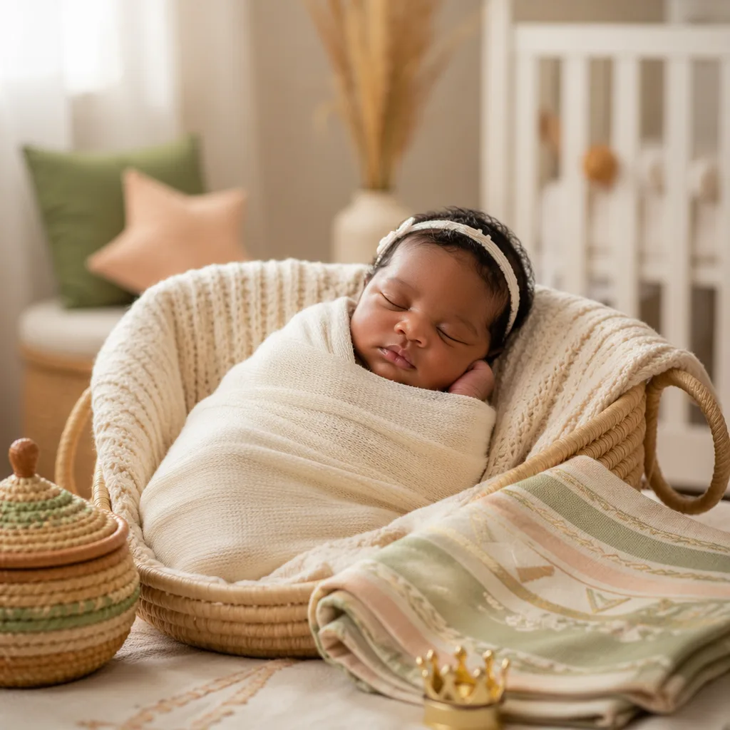 Peaceful Yoruba baby in a soft pastel nursery with woven details and a symbolic crown charm.