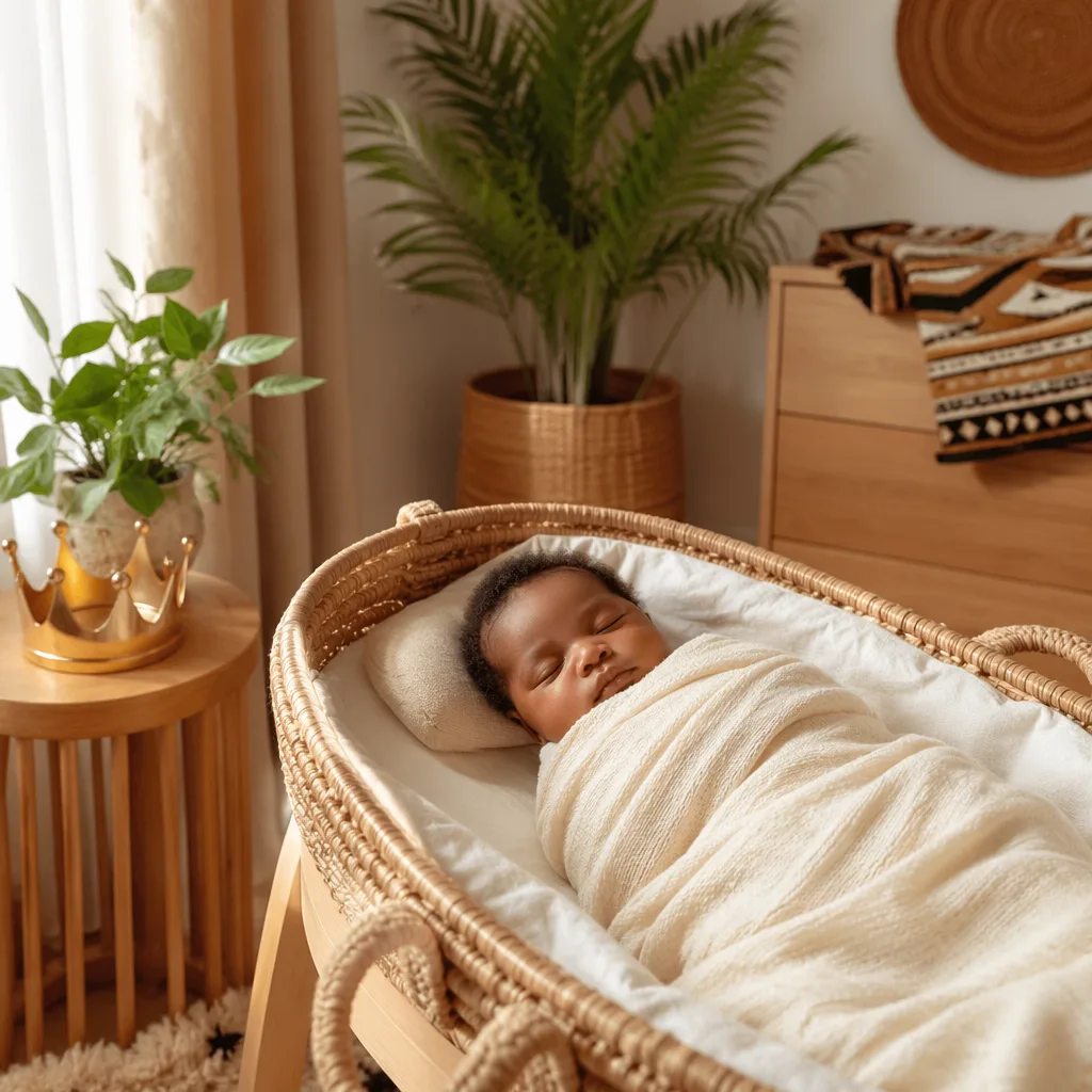 A peaceful Yoruba-inspired nursery with a swaddled sleeping baby and a small crown ornament in soft natural light.