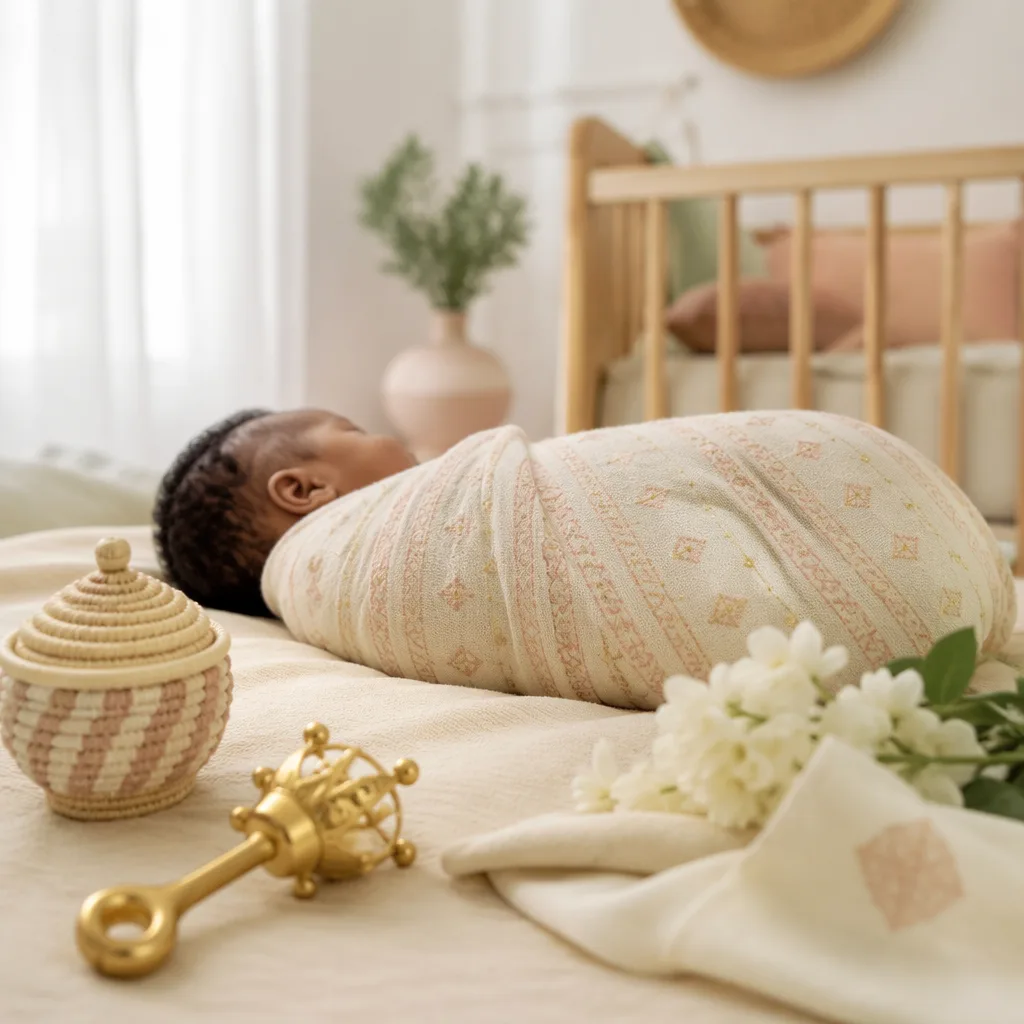 Sleeping Yoruba newborn in a soft pastel nursery with gentle symbolic details of blessing and honor.