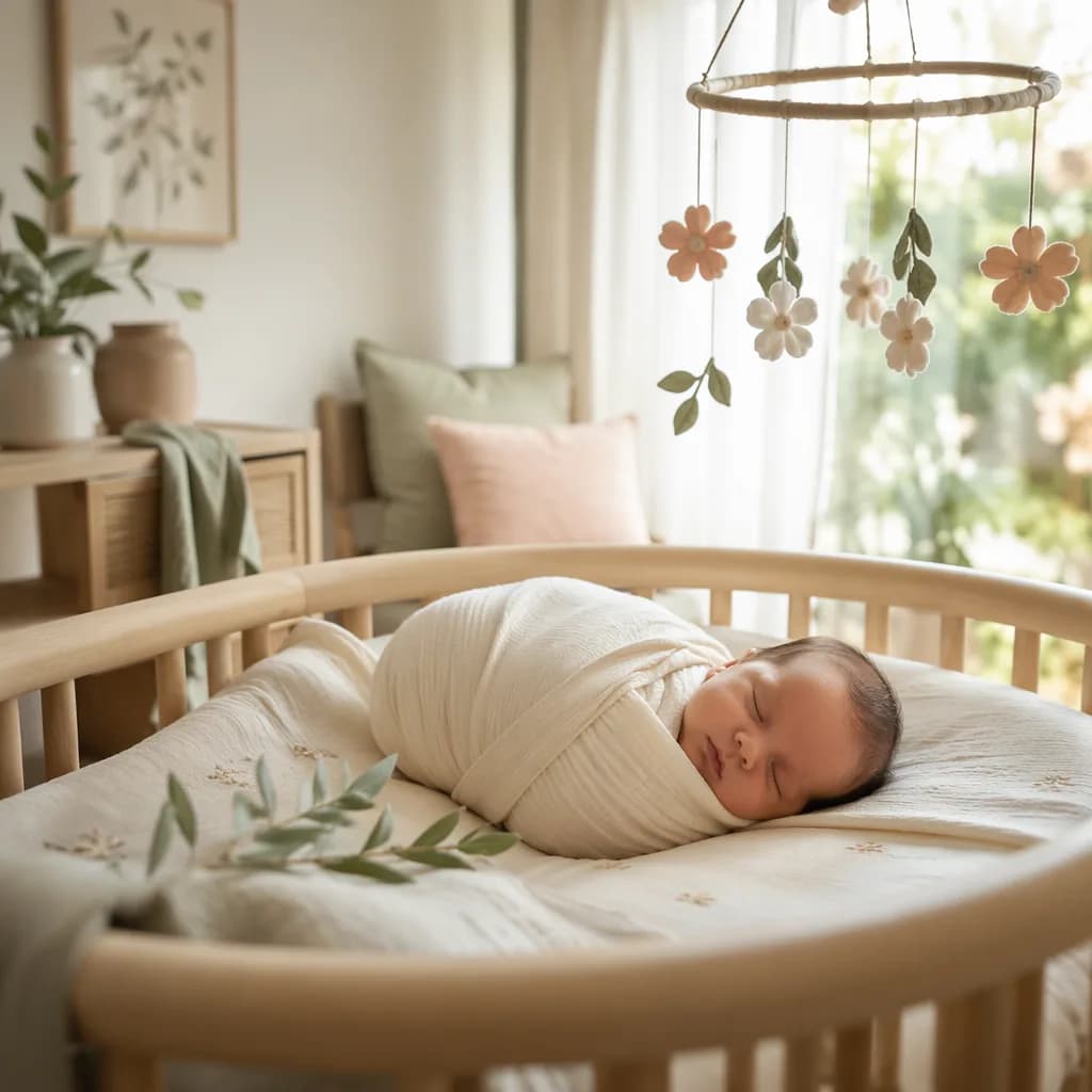 A peaceful newborn in a soft pastel nursery with gentle garden-inspired details.