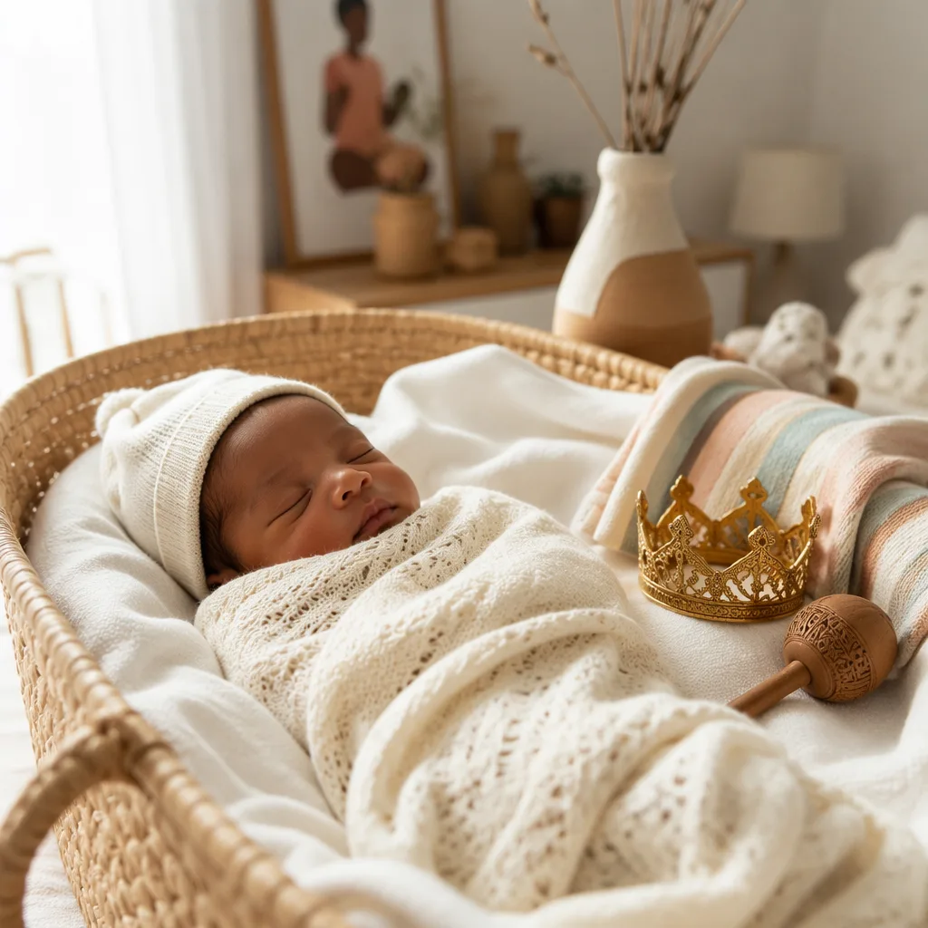 A peaceful newborn in a soft nursery with a subtle crown keepsake, evoking Yoruba heritage and family continuity.