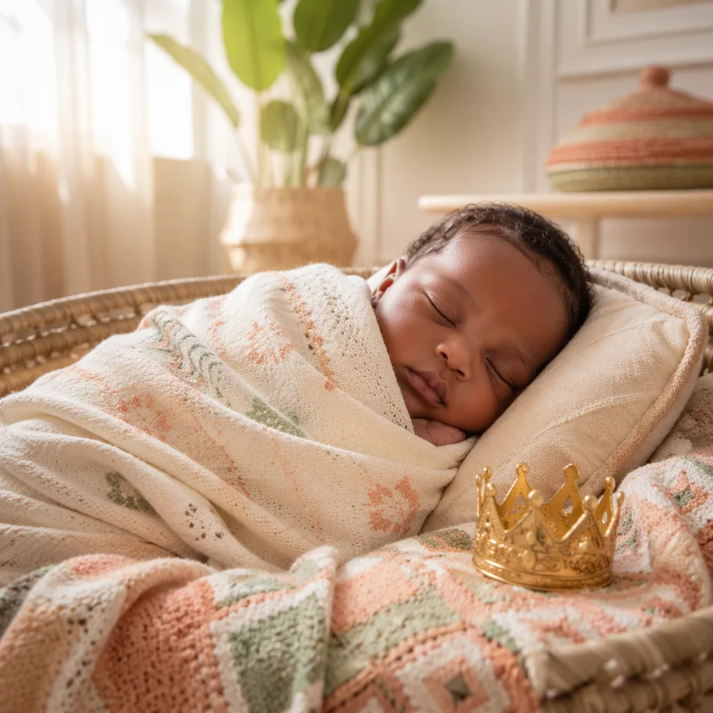 Peaceful Yoruba newborn in a soft nursery with a subtle crown symbol.