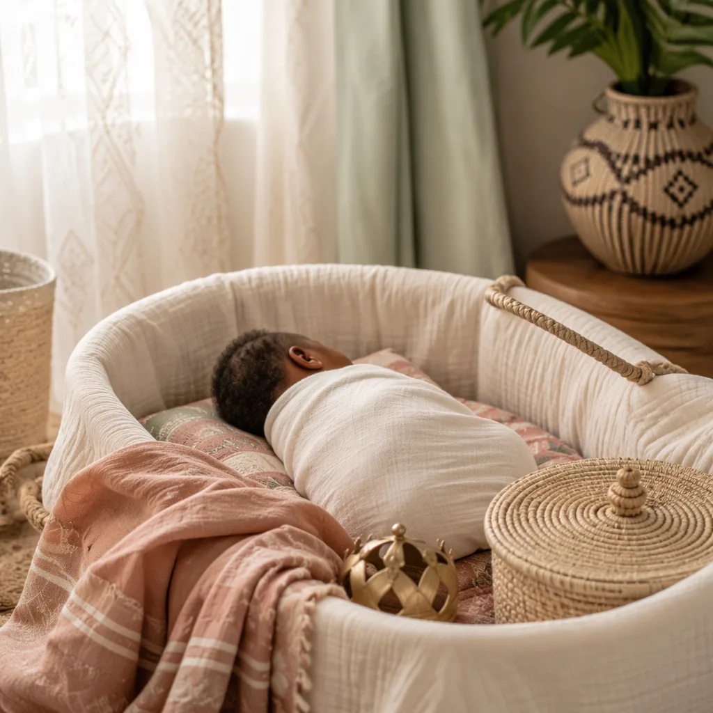 Peaceful Yoruba-inspired nursery with a swaddled baby, soft pastels, woven textures, and a small crown keepsake.
