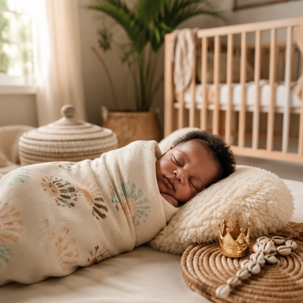 A peaceful Yoruba-inspired nursery with a swaddled sleeping baby, woven decor, and soft pastel adire details.
