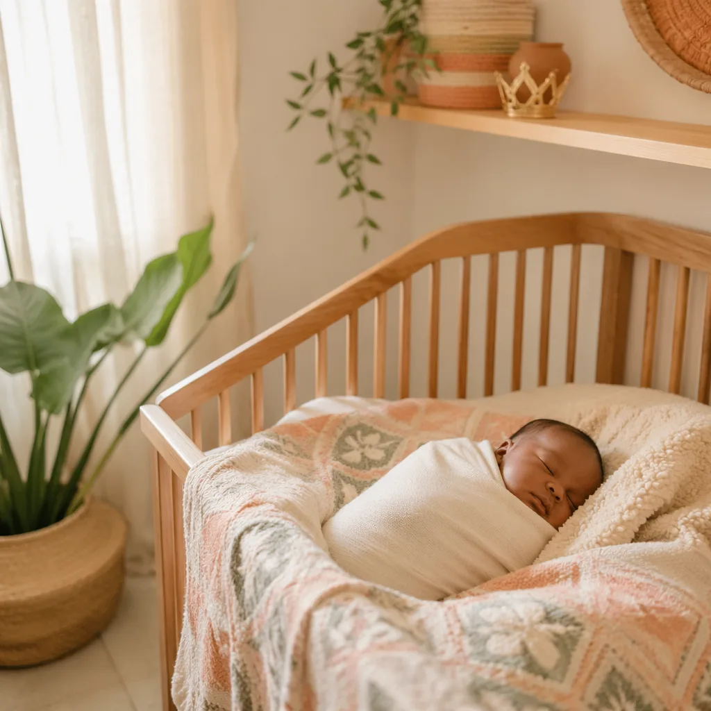 Soft pastel Yoruba-inspired nursery with a peacefully swaddled non-identifiable baby and a small crown charm.