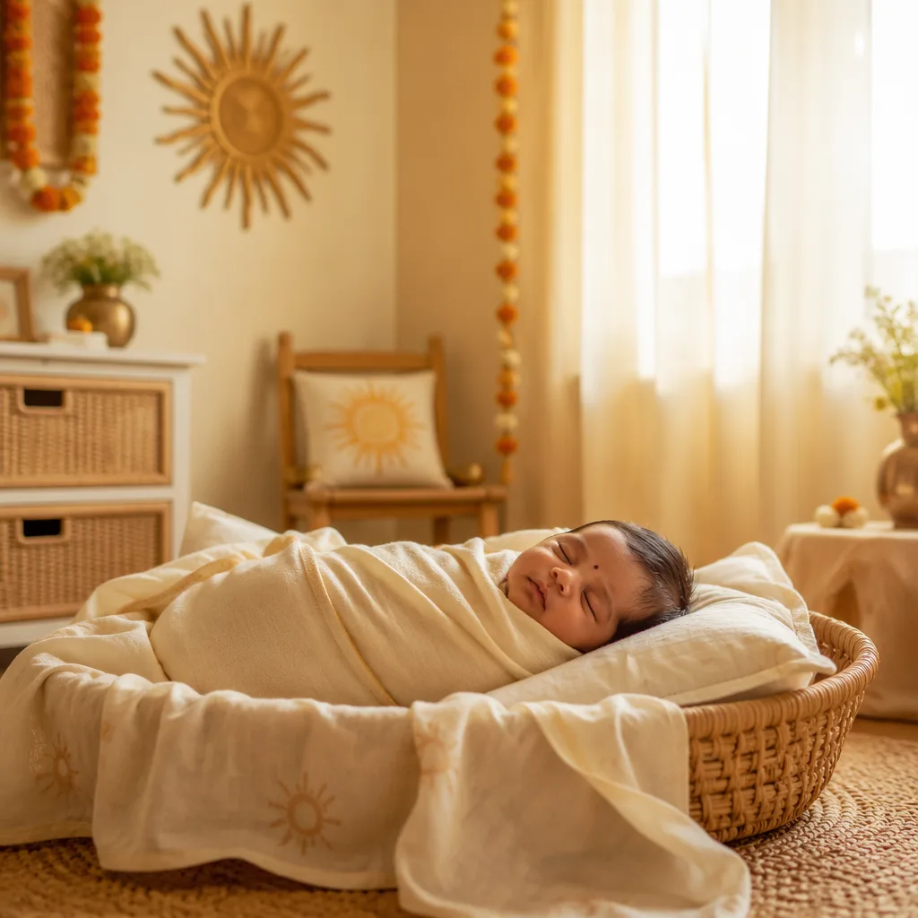 Sleeping baby in a warm sunlit nursery with soft pastel Tamil-inspired decor.