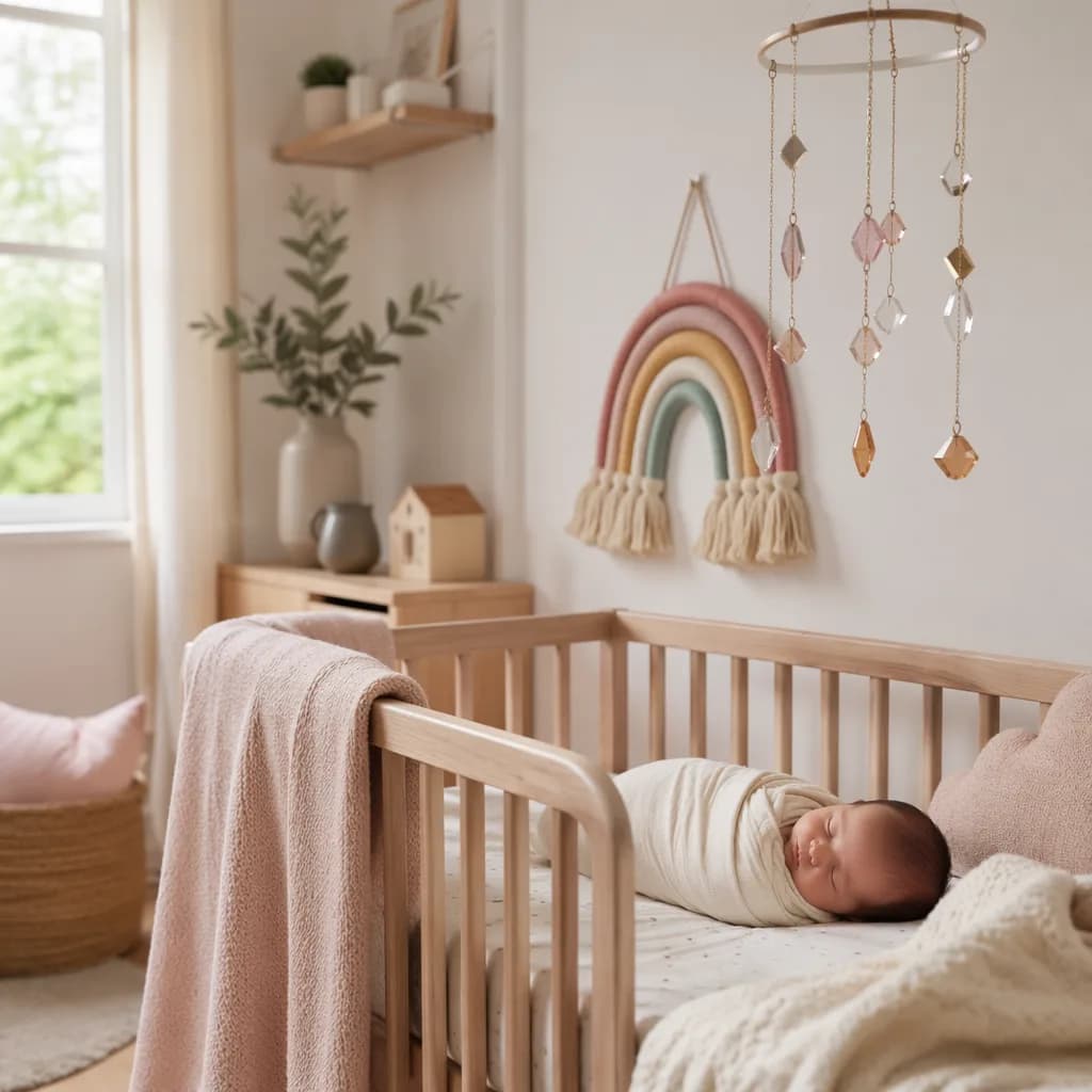 Sleeping baby in a soft nursery with pastel rainbow and jewel accents