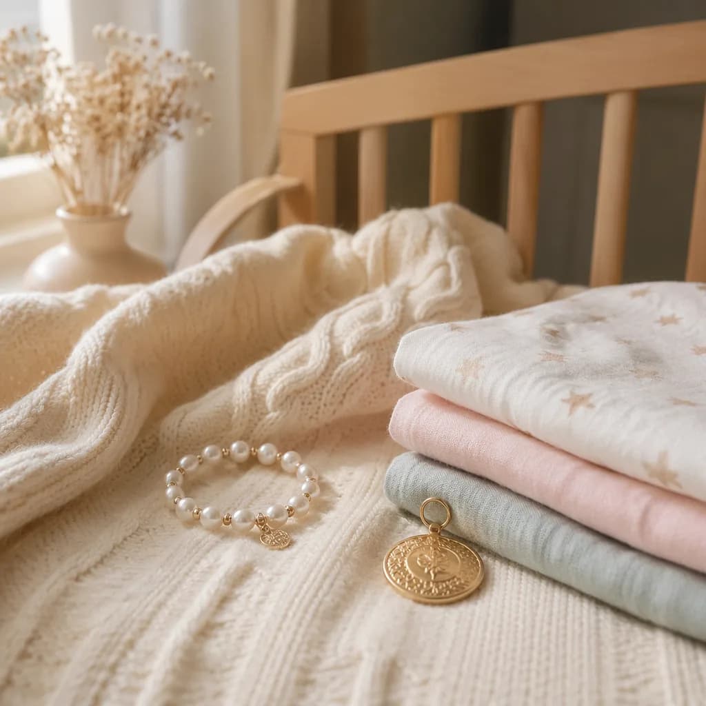 Soft nursery still-life with baby blanket and delicate jewel-inspired keepsakes.