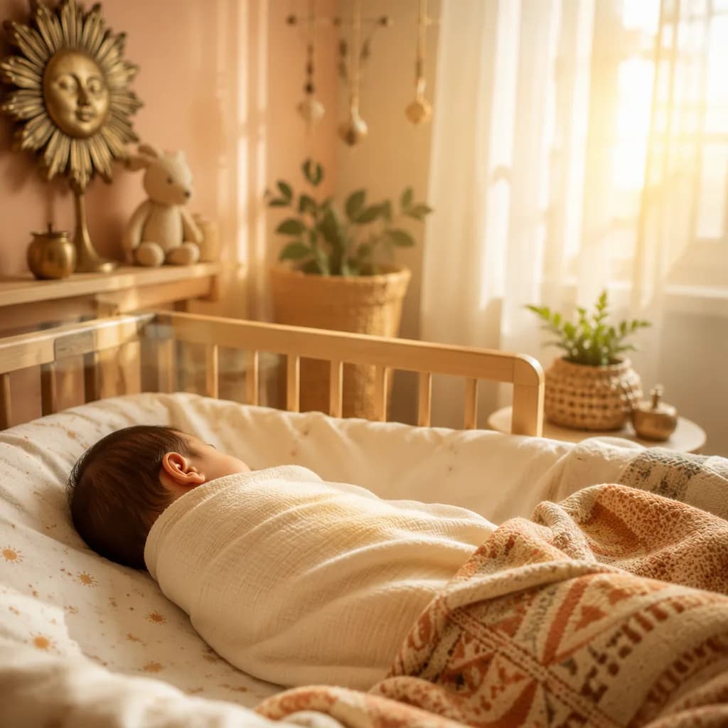 A softly lit nursery with a swaddled baby and gentle sun-inspired decor.