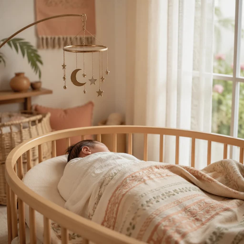 A serene pastel nursery with a swaddled sleeping newborn in a wooden bassinet.