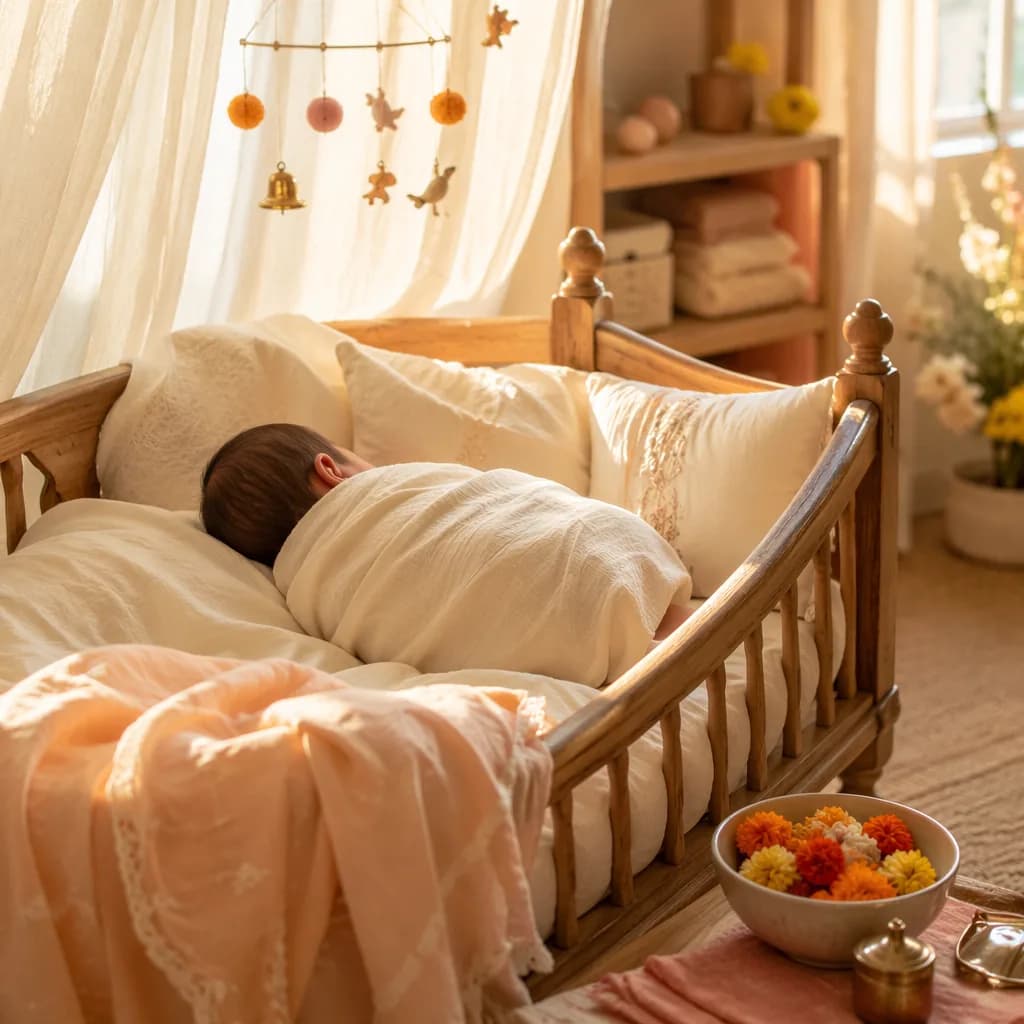 A softly lit nursery with a swaddled sleeping baby and warm Sanskrit-inspired decor.
