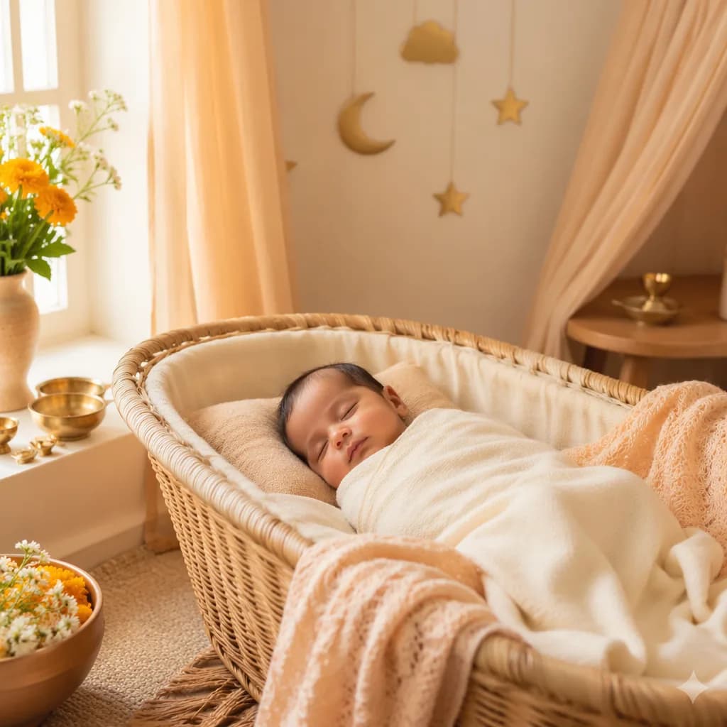 A peaceful pastel Indian-inspired nursery with a swaddled sleeping baby and soft floral accents.