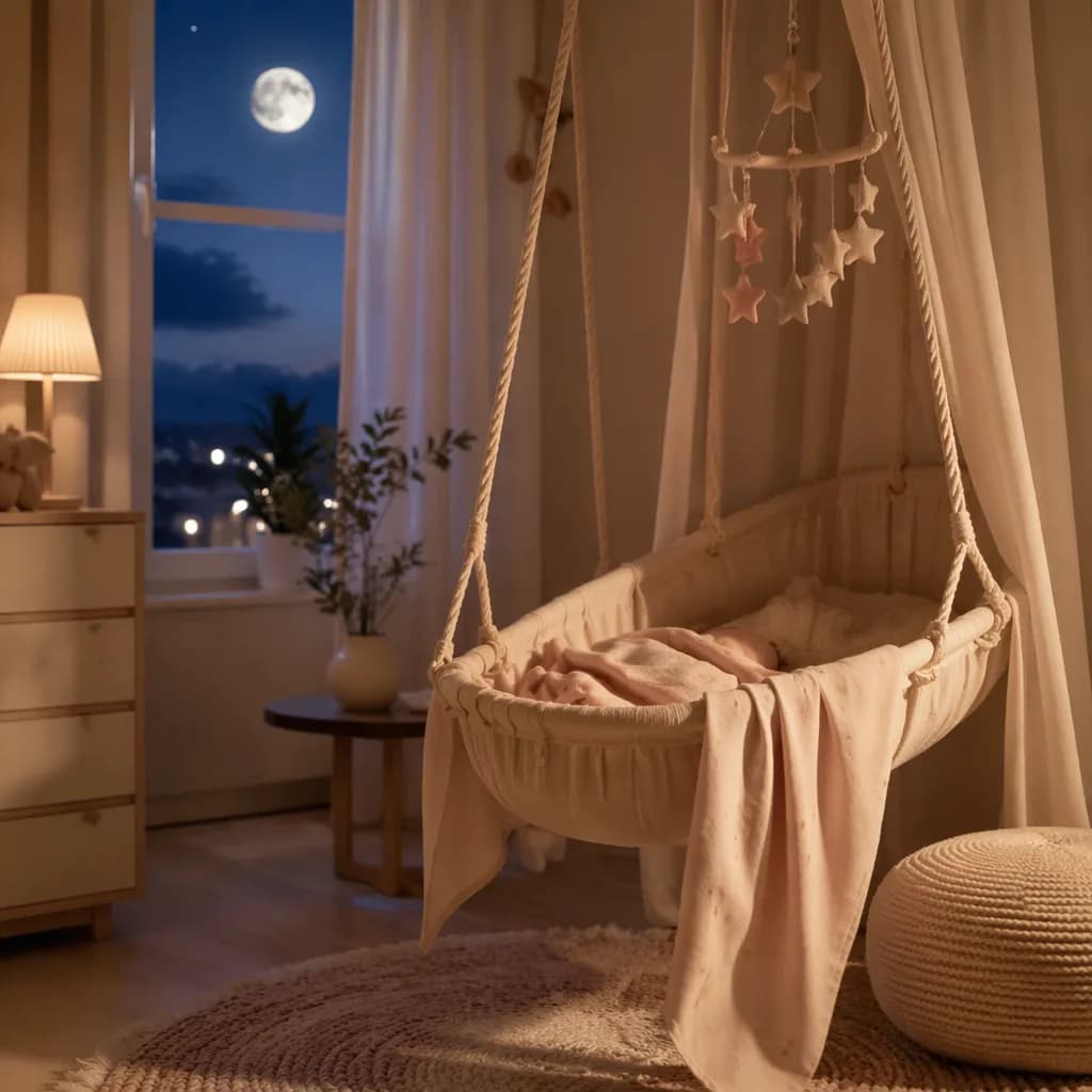 Cozy pastel nursery at twilight with a cradle and soft moonlit details.