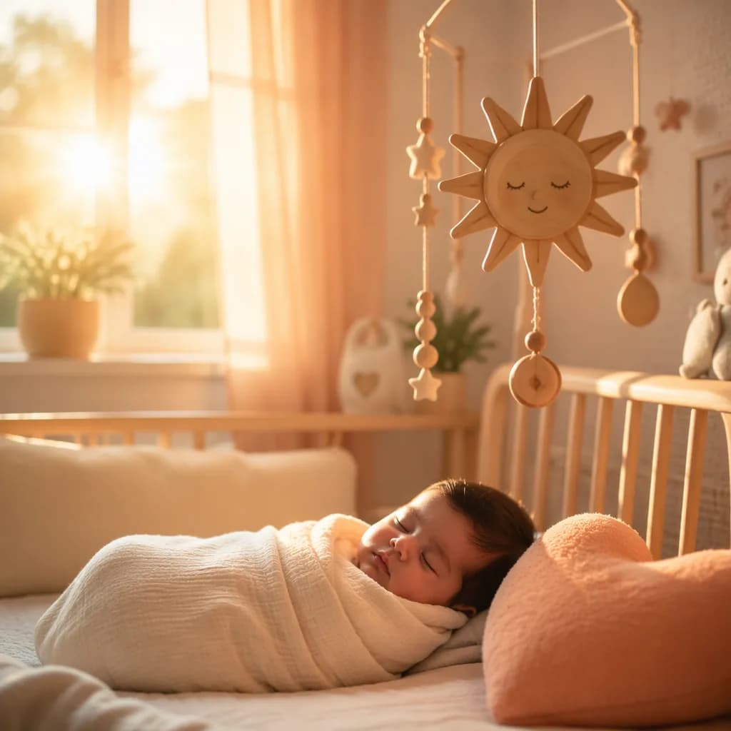 Sleeping swaddled baby in a warm sunlit nursery with soft heart and sun details.