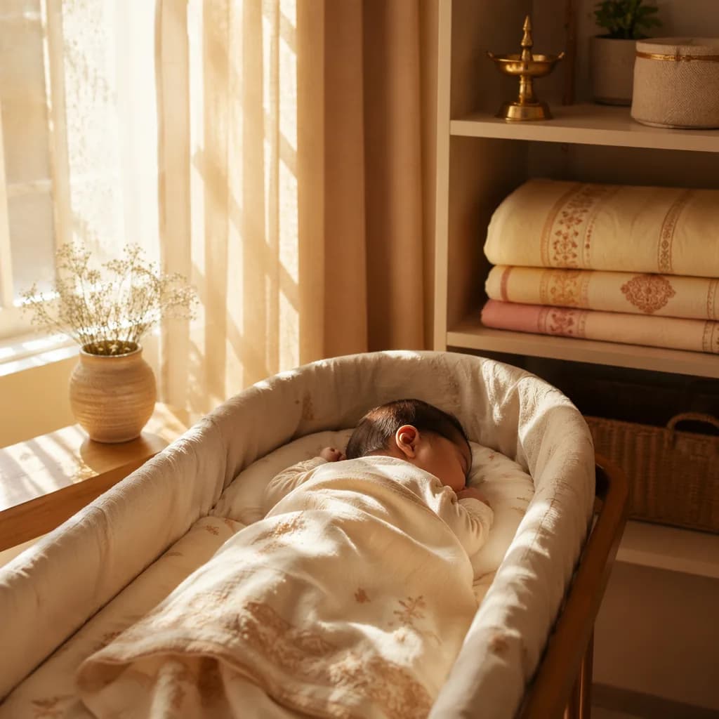 A peaceful nursery with a sleeping baby in warm golden sunlight and soft pastel decor.