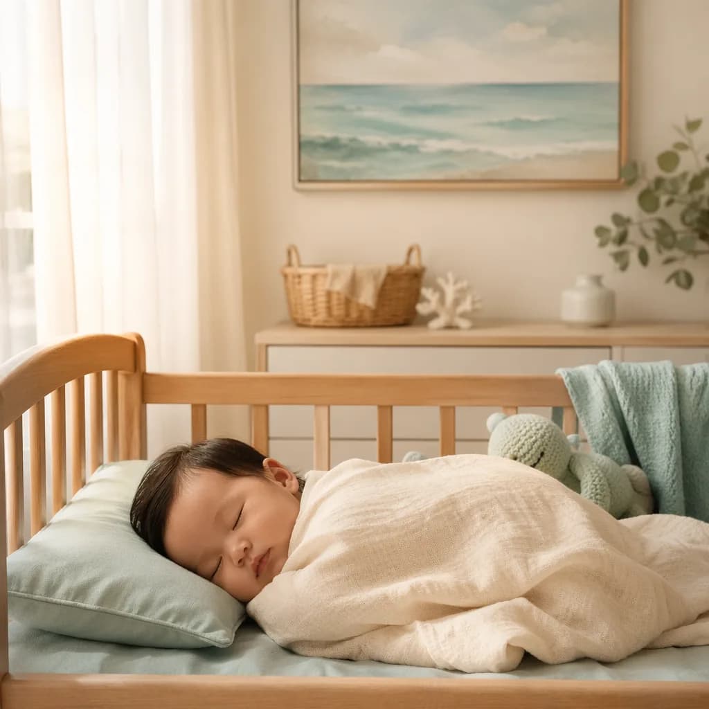 Peaceful Filipino baby sleeping in a soft coastal-inspired nursery.