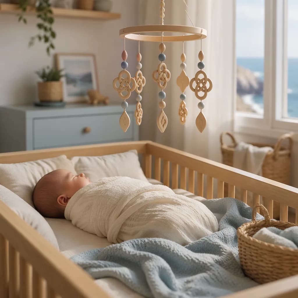 A peaceful baby sleeping in a soft pastel nursery with gentle coastal and woven details.