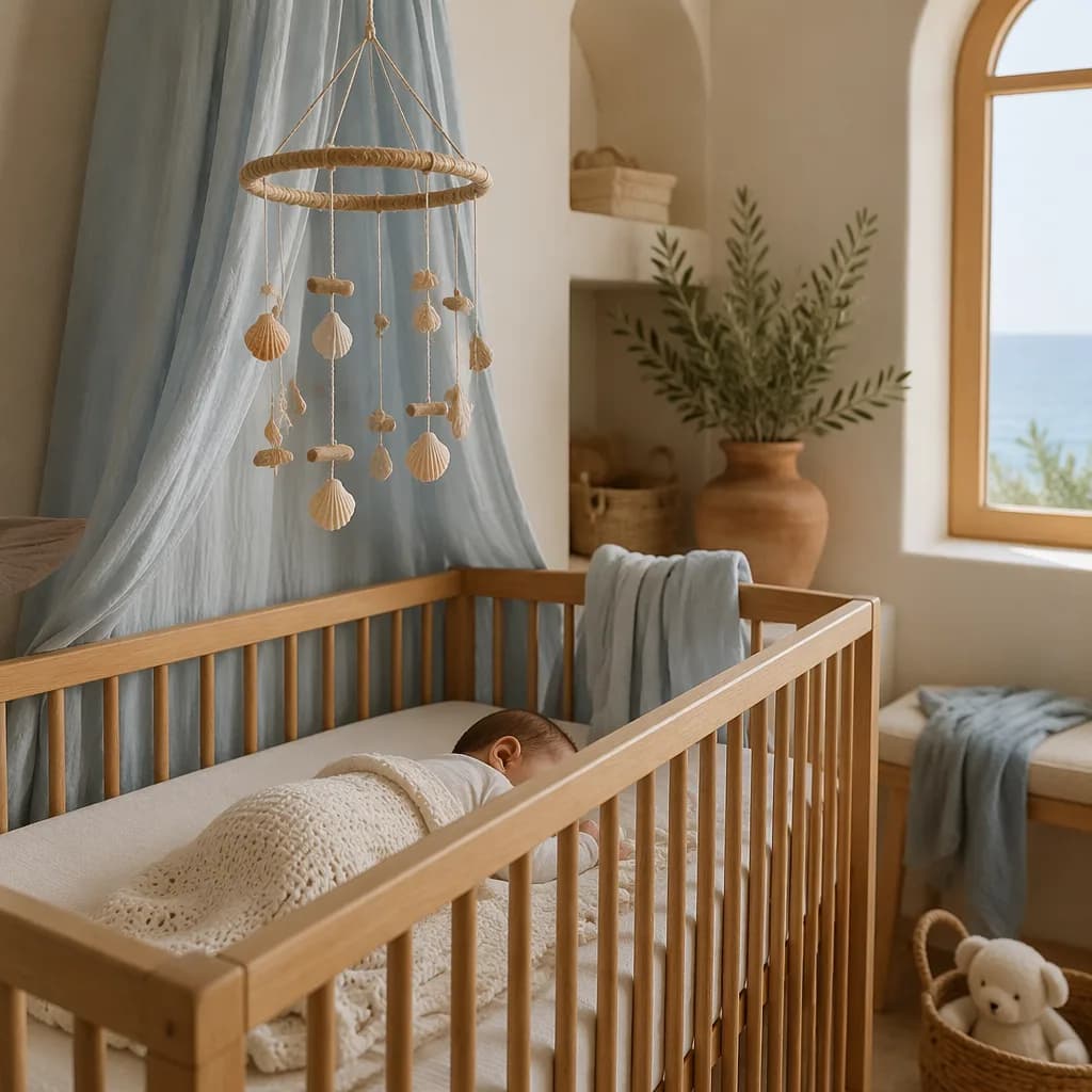 Sleeping baby in a softly lit Spanish nursery with gentle coastal details.