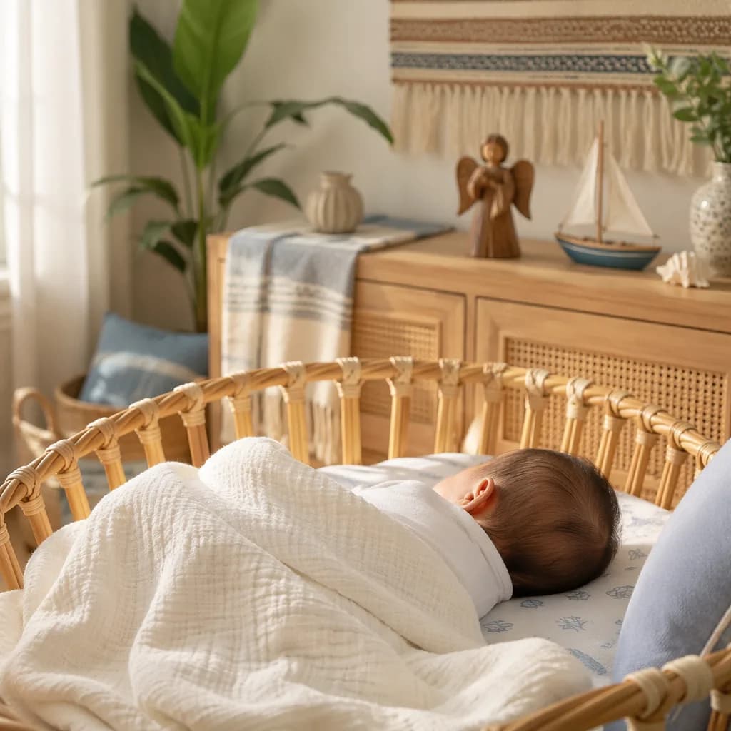 Sleeping Filipino baby in a soft pastel nursery with coastal and woven heritage accents.