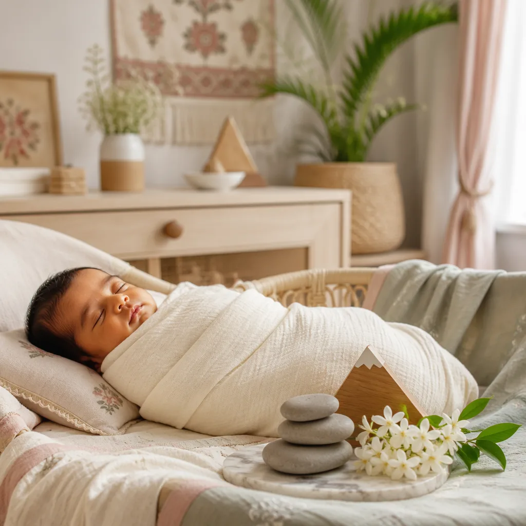 Sleeping baby in a soft Bengali-inspired nursery with pastel mountain and floral details.