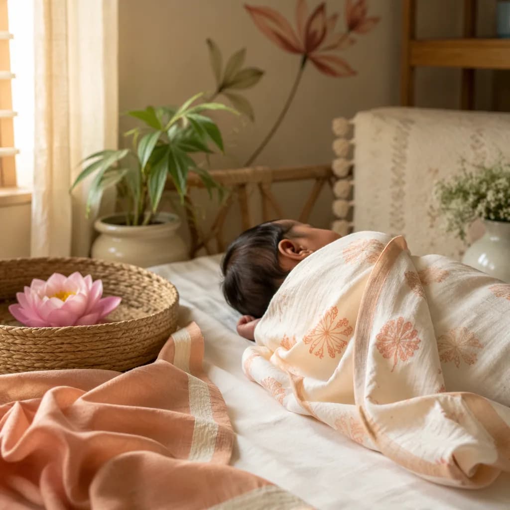 Peaceful Bengali baby in a soft pastel nursery with lotus and cozy textiles.