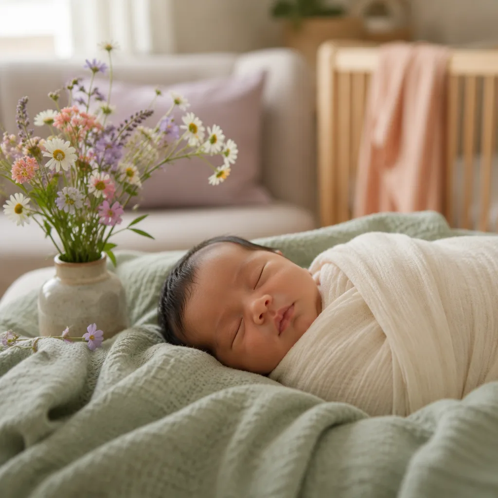 Sleeping newborn in a soft pastel nursery with delicate blossoms nearby.