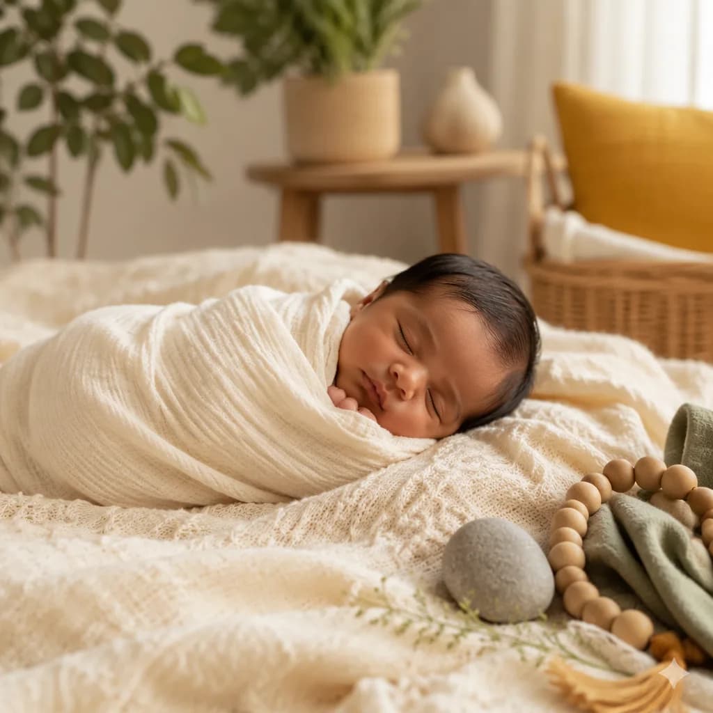 Peaceful newborn in a soft pastel nursery with gentle symbolic decor.