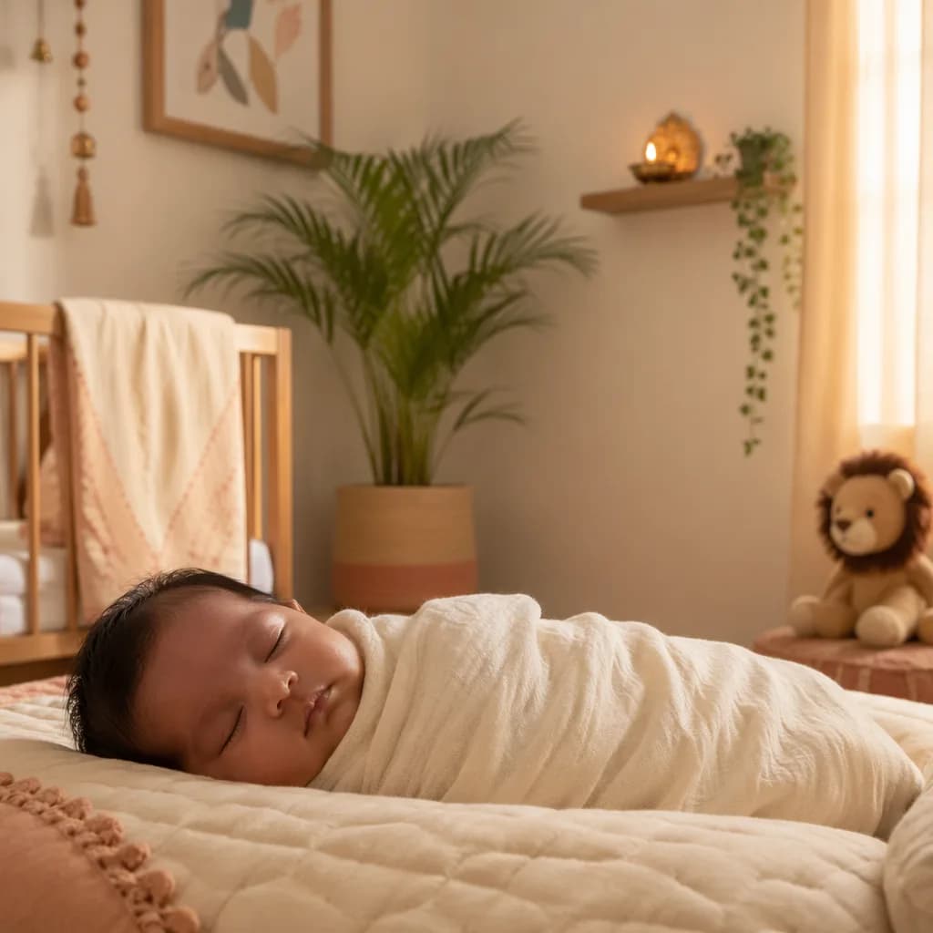 A peaceful pastel nursery with a swaddled baby, plush lion, and soft morning light.