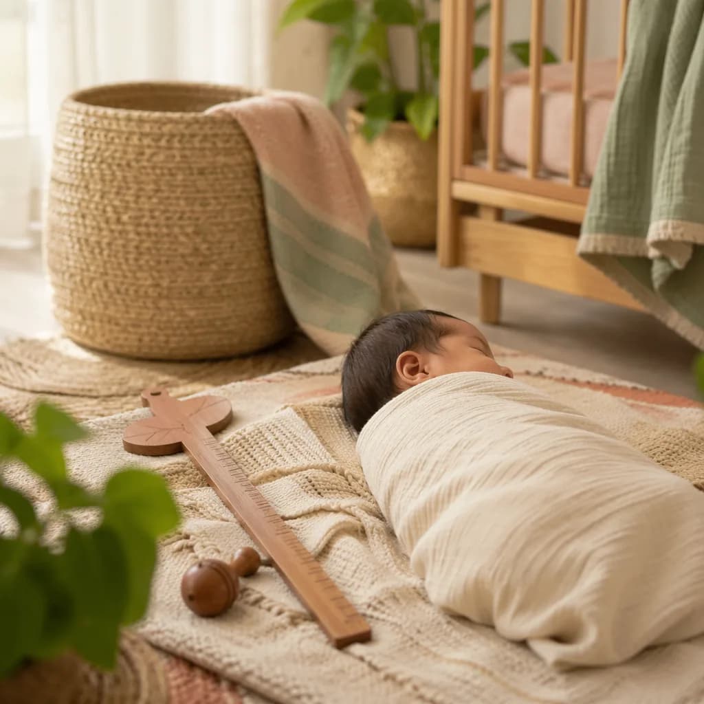 Peaceful swaddled baby in a soft pastel nursery with gentle Indian-inspired accents.
