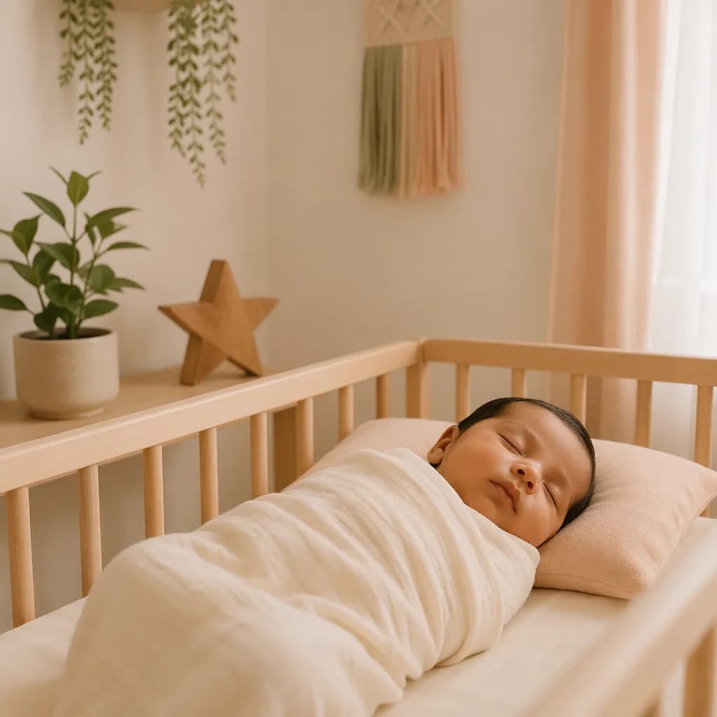 Peaceful Indian baby in a soft pastel nursery with a wooden star and small plant.