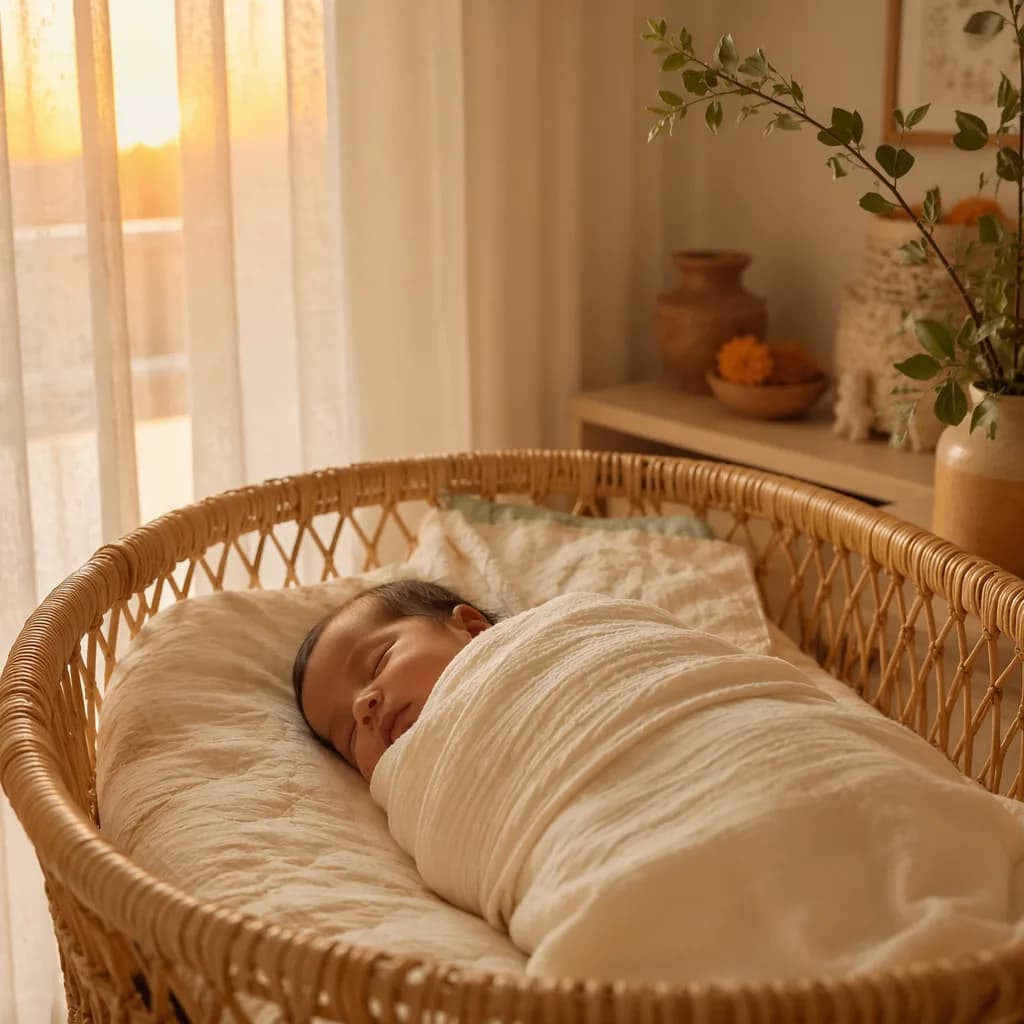 Sleeping swaddled baby in a cozy pastel nursery lit by soft dawn sunlight.