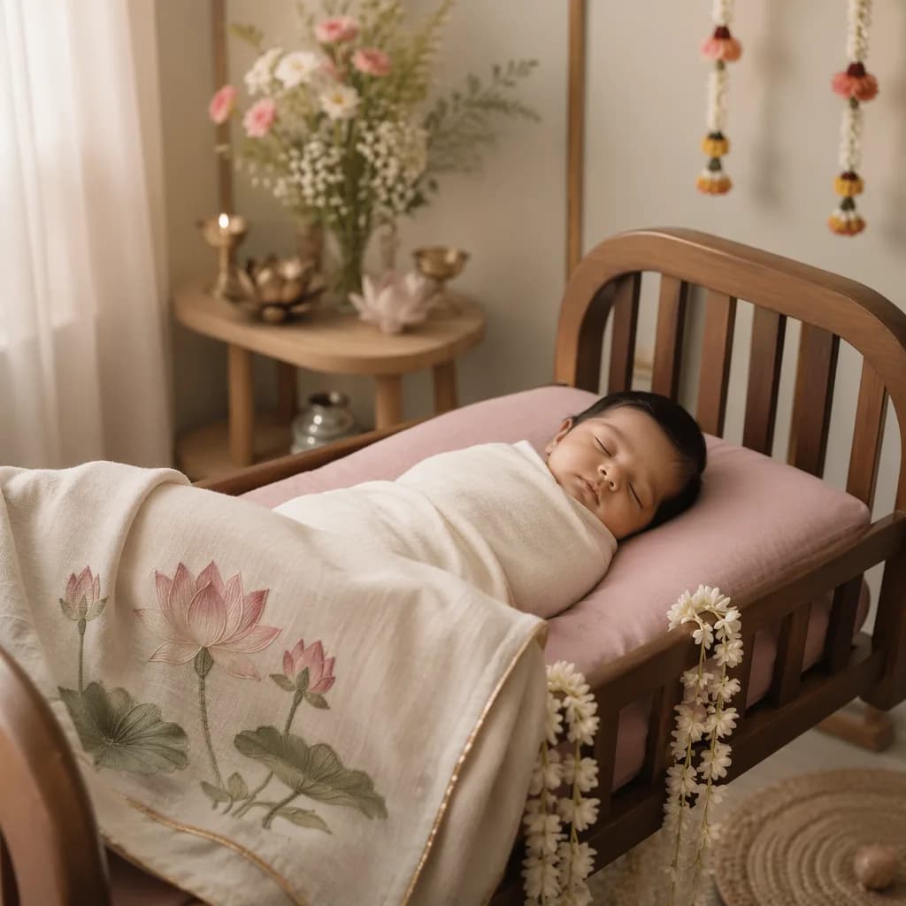 A peaceful Hindi-inspired nursery with a swaddled sleeping baby and soft lotus and floral accents.