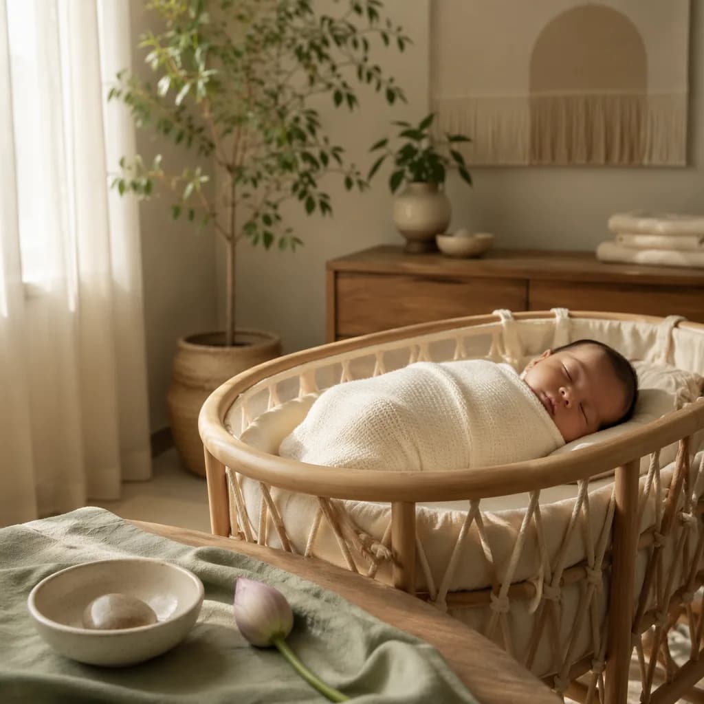 A peaceful pastel nursery with a swaddled sleeping baby and simple symbols of unity.