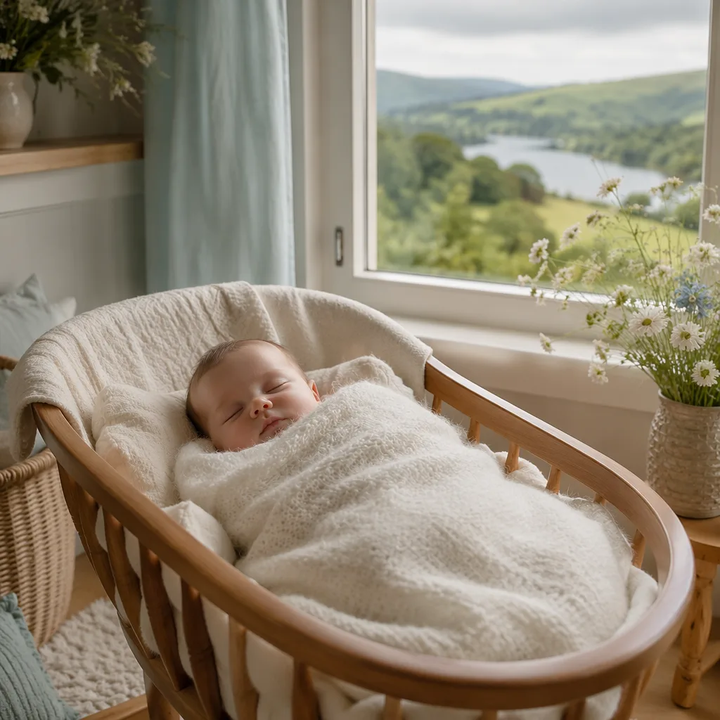 Sleeping baby in a soft Welsh-inspired nursery with gentle natural light.