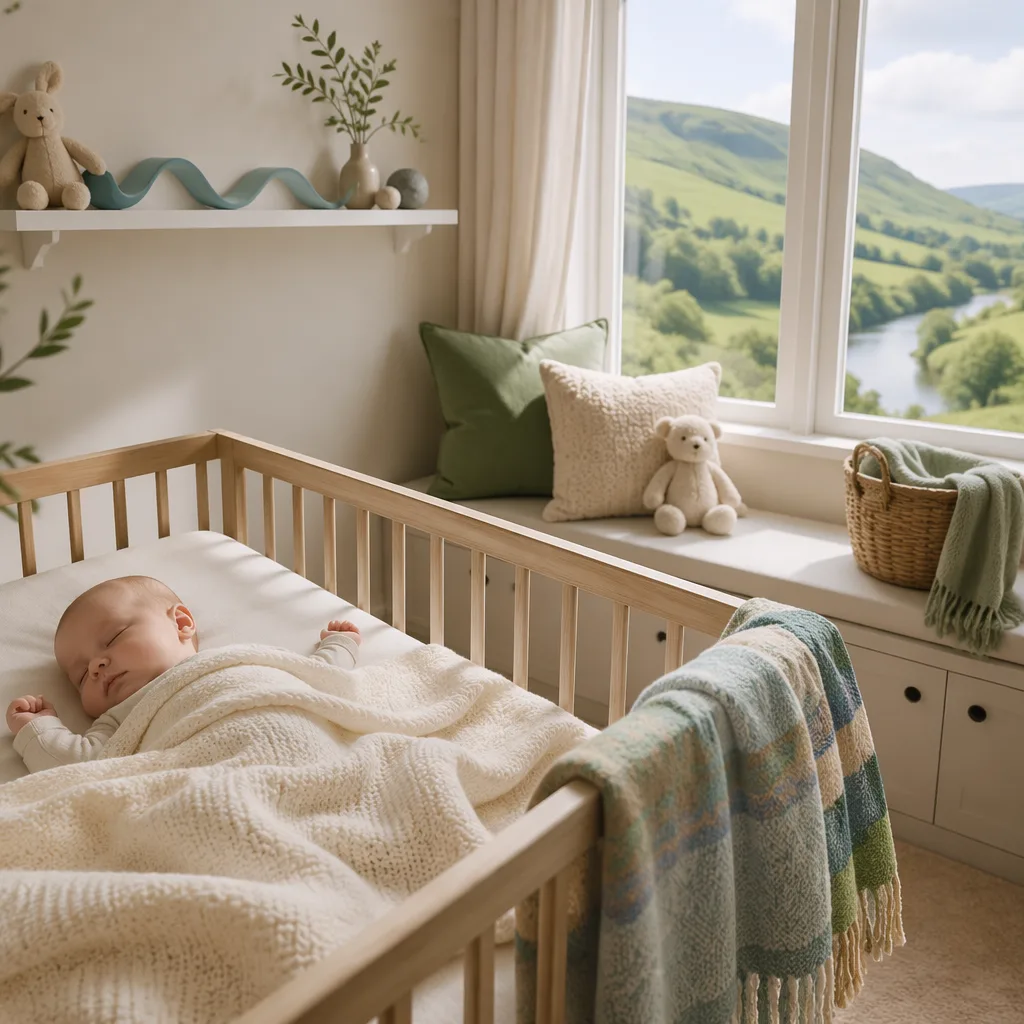 Cozy Welsh-inspired nursery with a sleeping baby and soft river and countryside details.