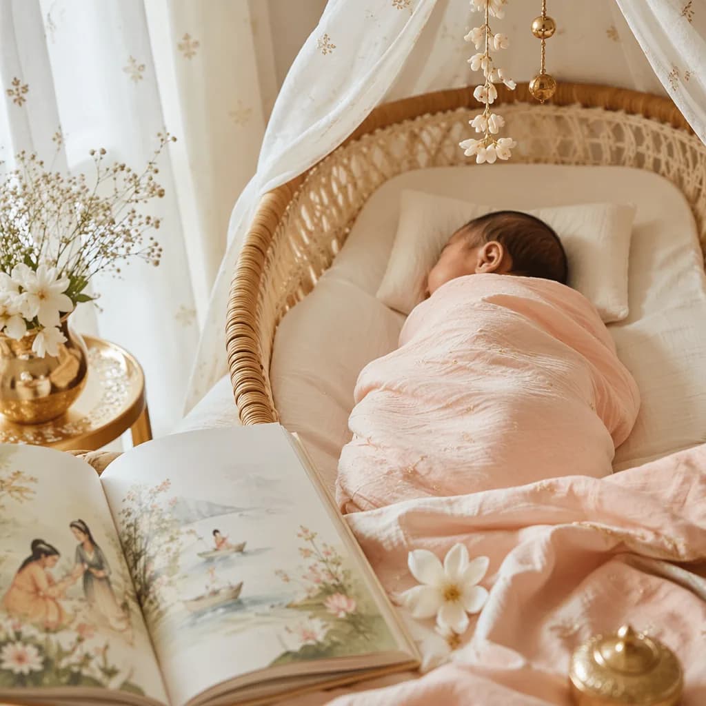 Peaceful Bengali newborn in a soft pastel nursery with storybook and floral details.