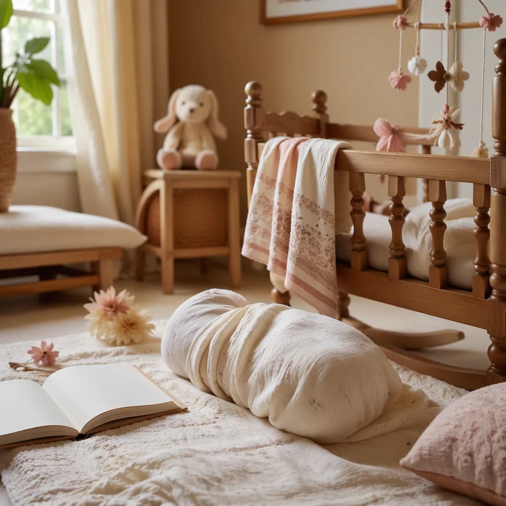 Soft Bengali nursery scene with a swaddled baby, blank storybook, and gentle pastel decor.