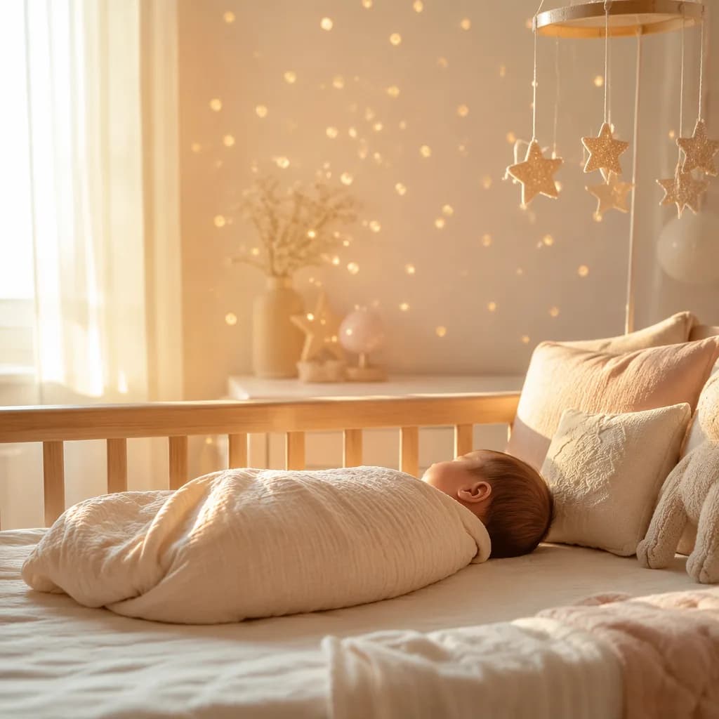 Sleeping swaddled baby in a soft pastel nursery with gentle star-like light.
