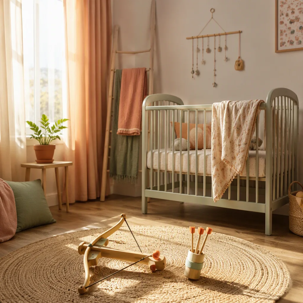 Cozy pastel nursery at dawn with soft light and a small wooden toy, evoking the name Ahaan Parth.