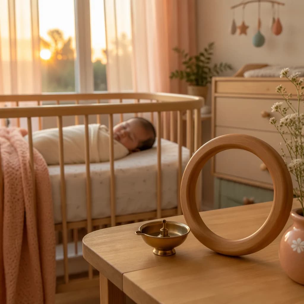 A peaceful pastel nursery at sunrise with a swaddled baby in soft natural light.