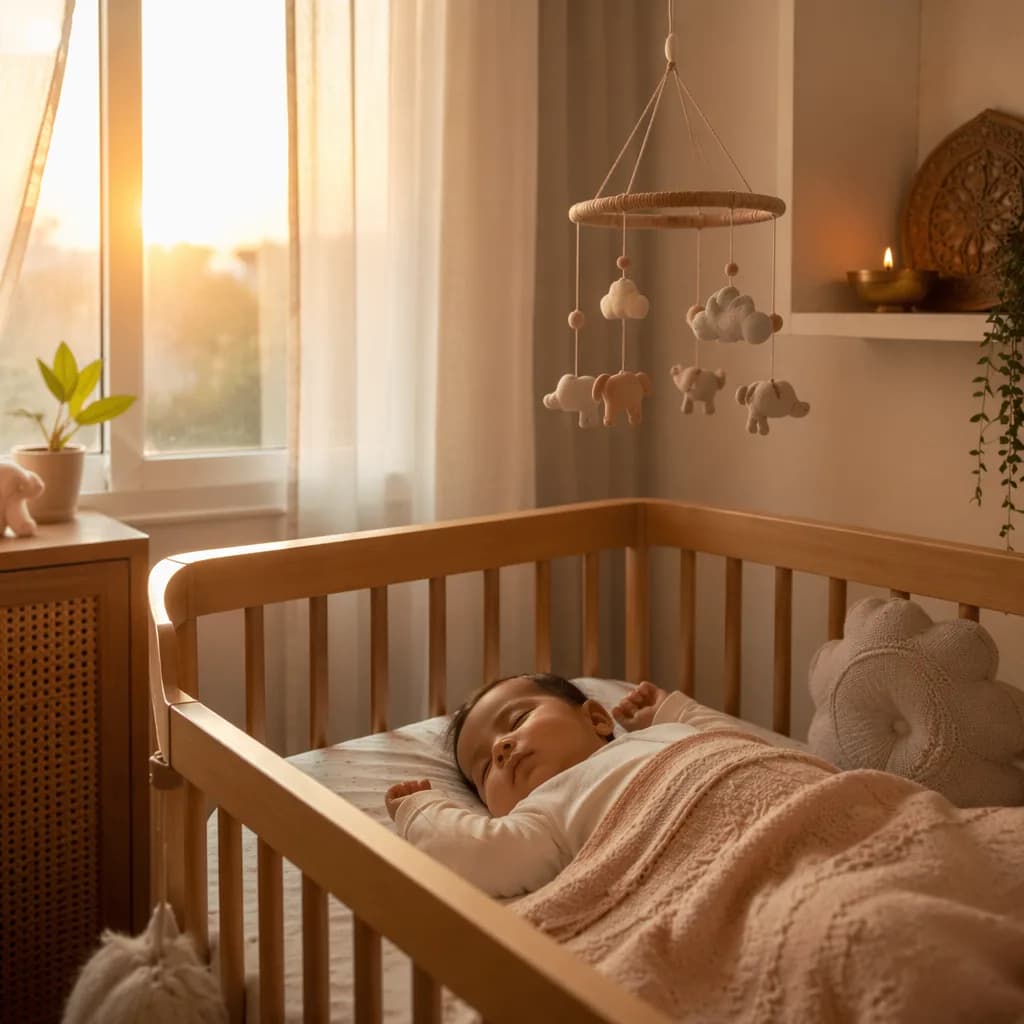 A peaceful baby nursery glowing with soft dawn light.