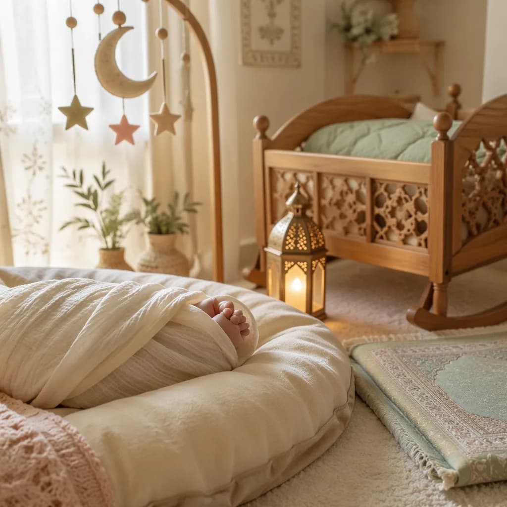 A peaceful pastel nursery with a swaddled newborn, moon-and-star mobile, and a single lantern.