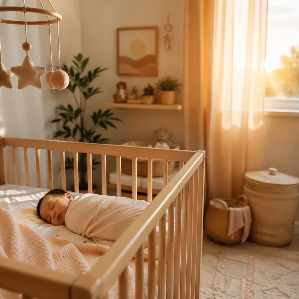 A peaceful nursery glowing with soft dawn light and a swaddled baby.
