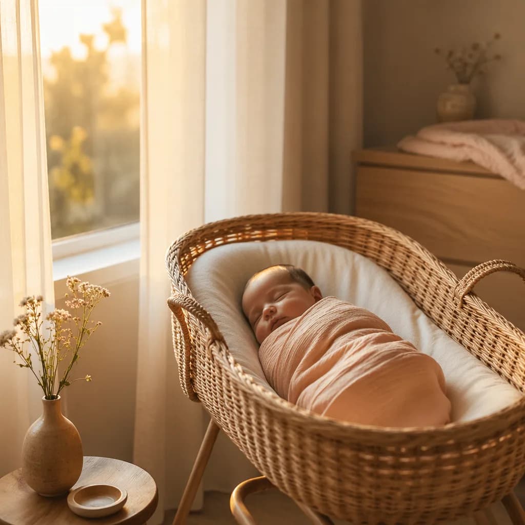 A softly lit nursery with a swaddled sleeping baby in warm dawn light.