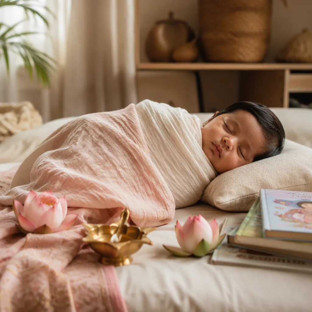 Sleeping baby in a soft Bengali-inspired nursery with lotus flowers and cozy pastel textiles.