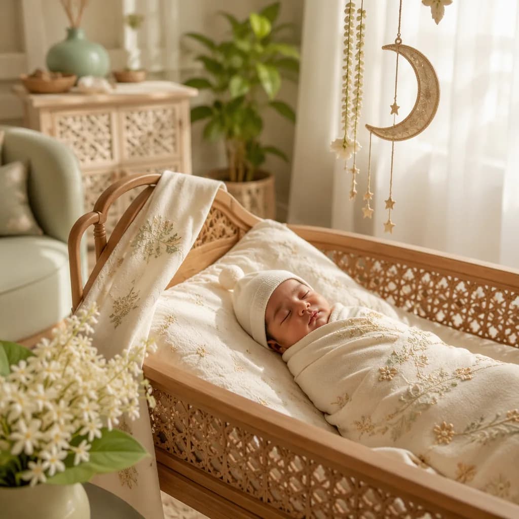 A peaceful swaddled newborn in a softly lit pastel nursery with subtle South Asian details.
