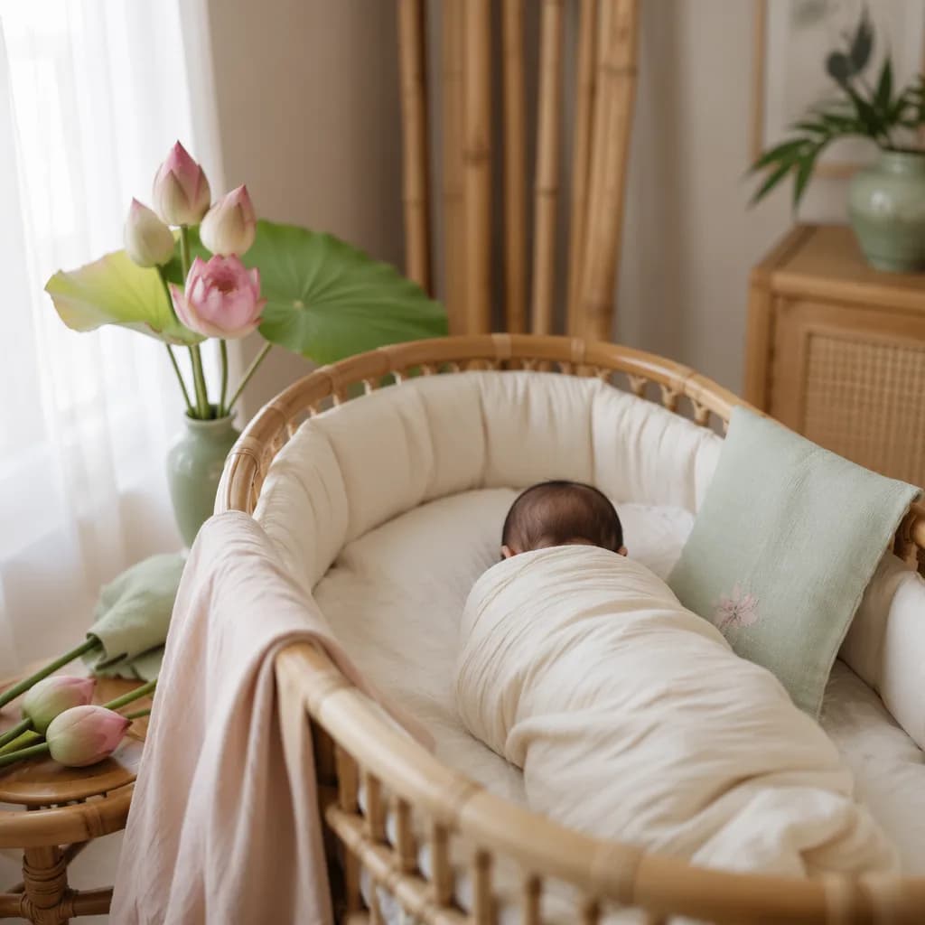 A softly lit Vietnamese-inspired nursery with a swaddled baby in a rattan bassinet, lotus flowers, and pastel decor.