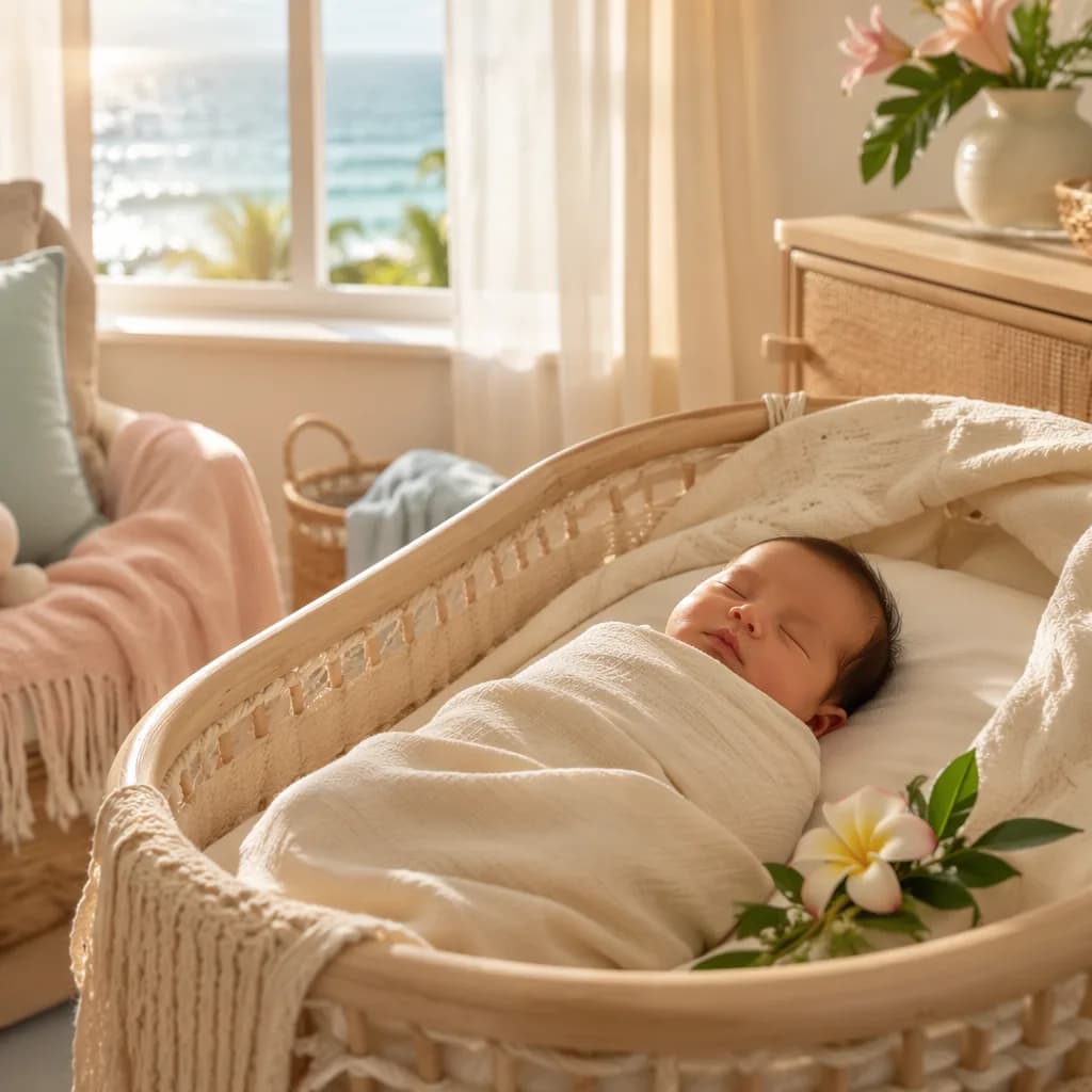 Sleeping baby in a soft Hawaiian-inspired nursery with plumeria and warm natural light.