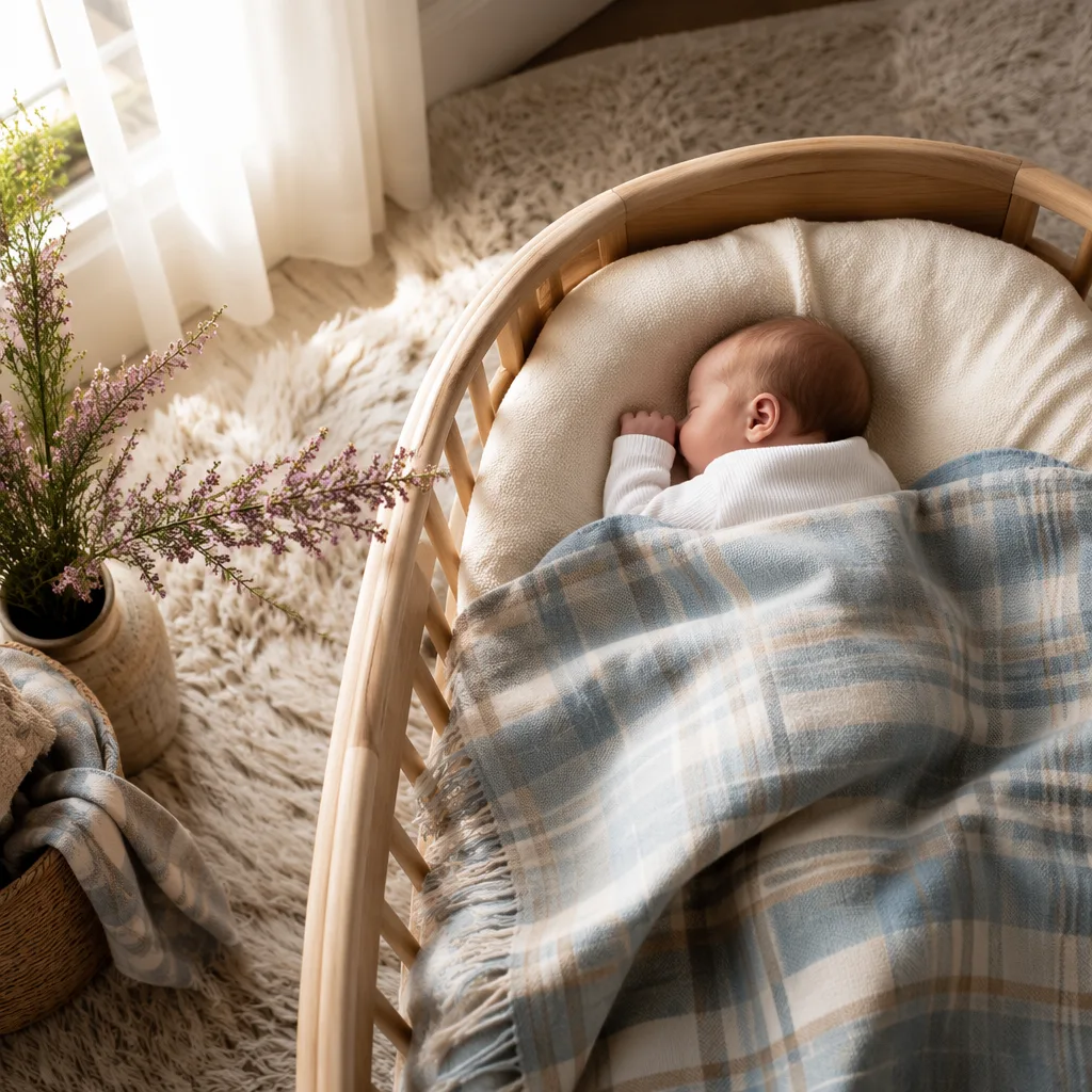 A softly lit Scottish-inspired nursery with a sleeping baby, tartan blanket, and heather accents.